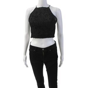 Robertson + Rodeo Womens Floral Eyelet Back Zip Halter Crop Top Black Size S